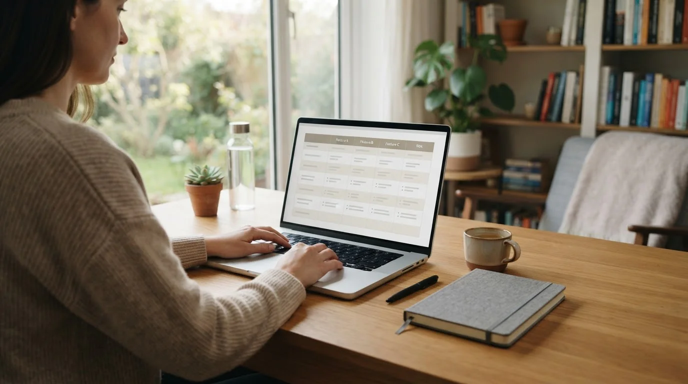 Neutrale Vergleichstabelle auf einem Laptop ohne Markenlogos