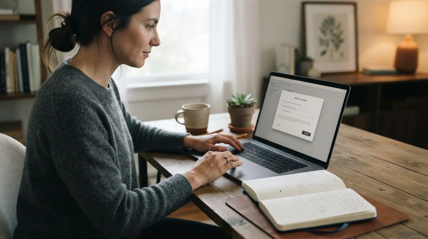 Ruhige Schreibtischszene, in der eine Person eine Session-Grenze am Laptop einstellt und im Notizbuch abstrakte Häkchen setzt