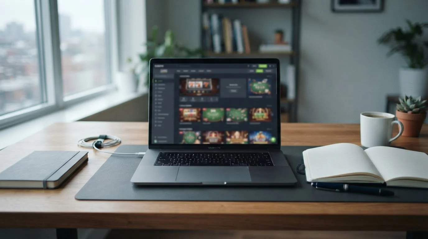 Laptop mit neutraler Casino-Bibliothek und deutschem Lizenzdokument