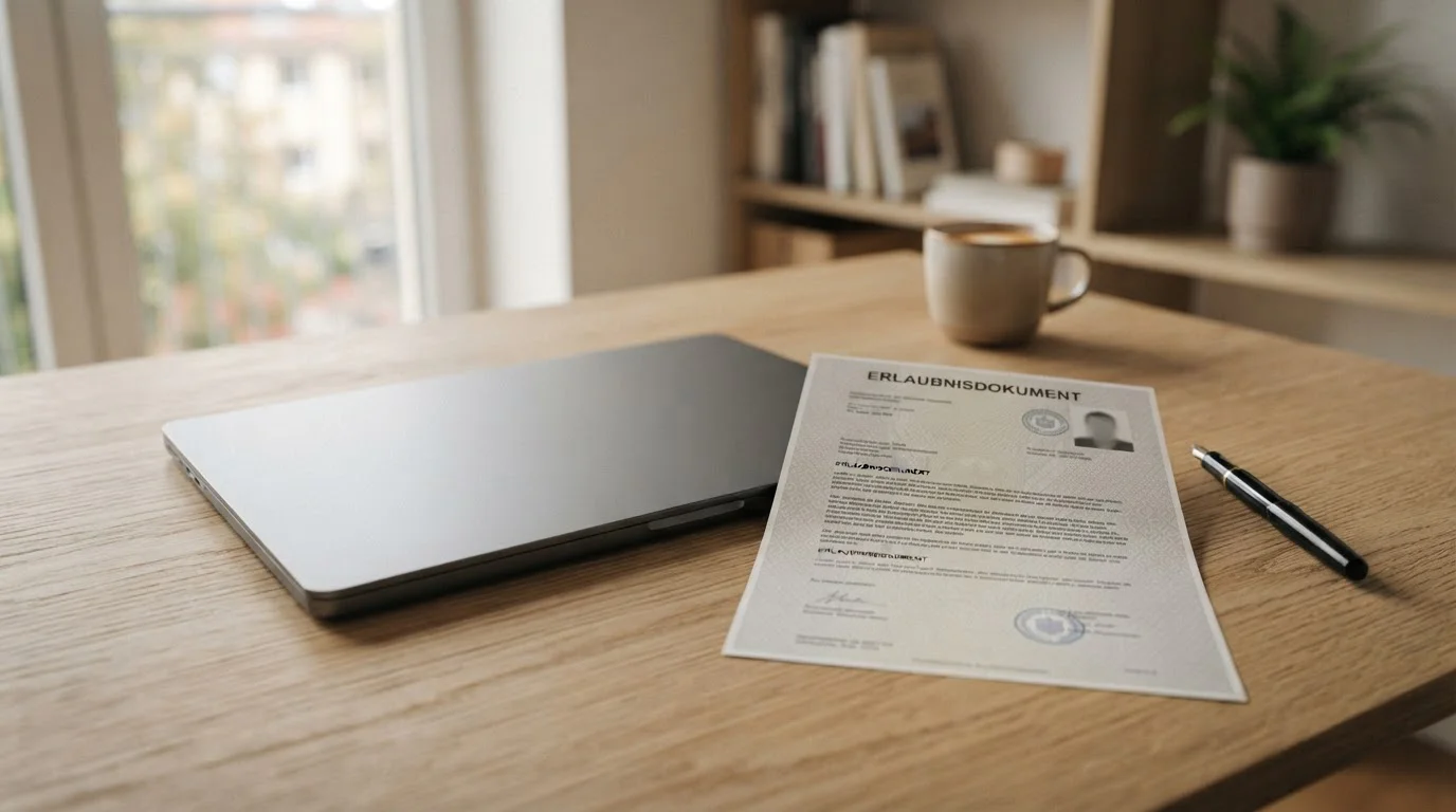 Neutrales deutsches Erlaubnisdokument neben einem Laptop