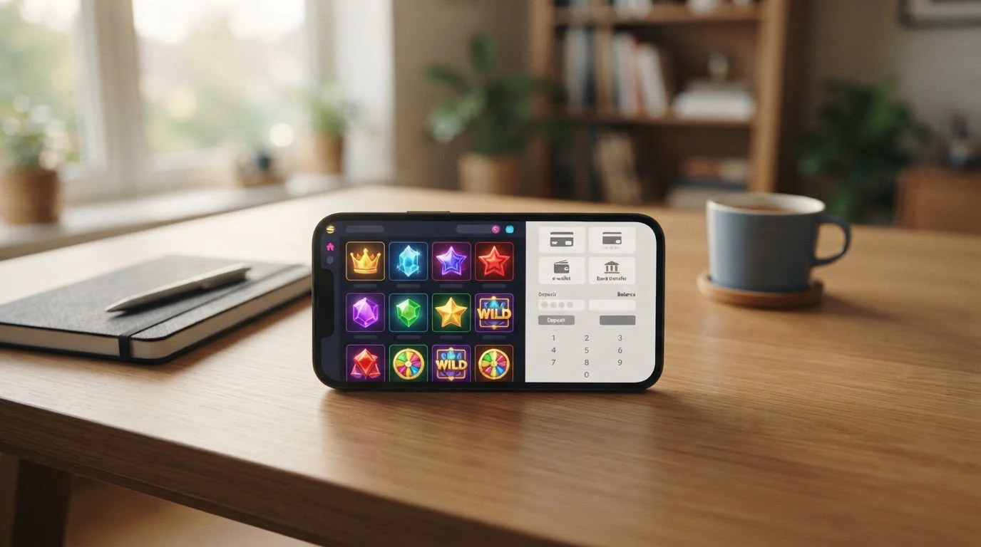 Smartphone mit neutraler Casino-Spielauswahl und separater Zahlungsübersicht
