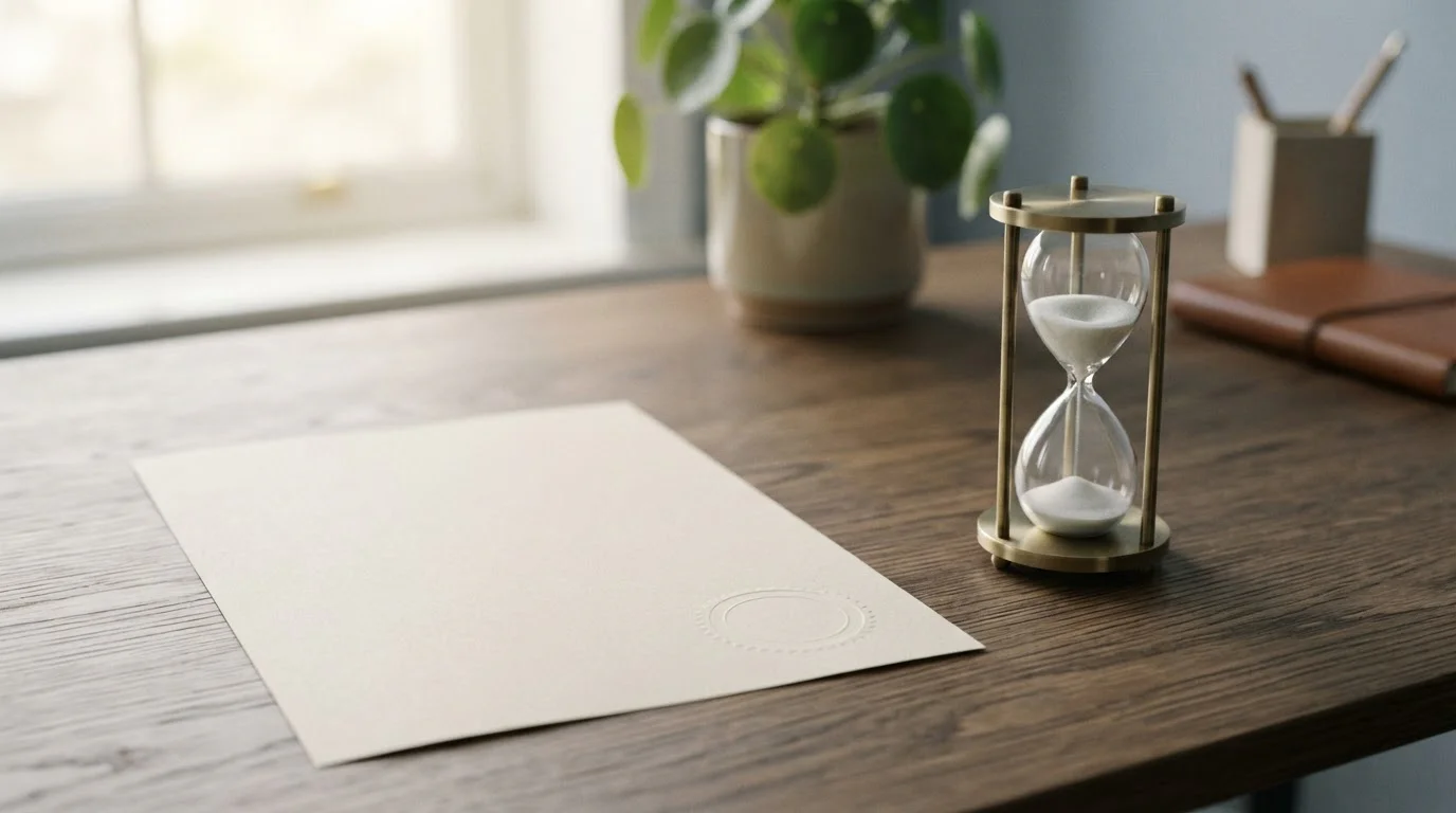 Neutrales Lizenzdokument und Sanduhr symbolisieren Einsatzlimit und Spieltakt im deutschen Markt