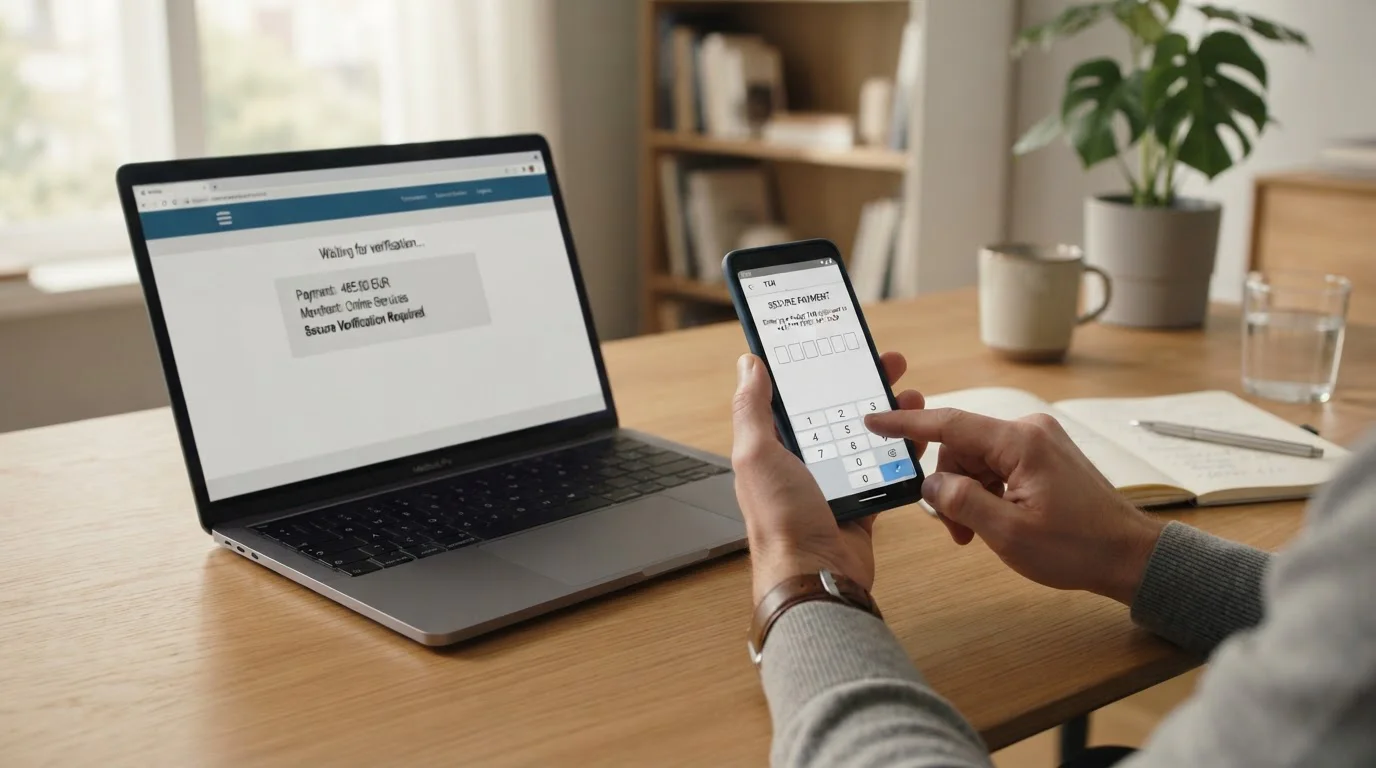 Smartphone mit Banking-App und TAN-Eingabe neben geöffnetem Laptop