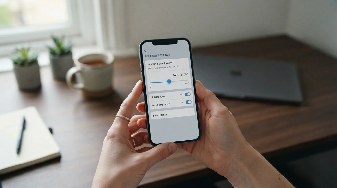 Hand am Smartphone mit Kontoeinstellung zum monatlichen Einzahlungslimit