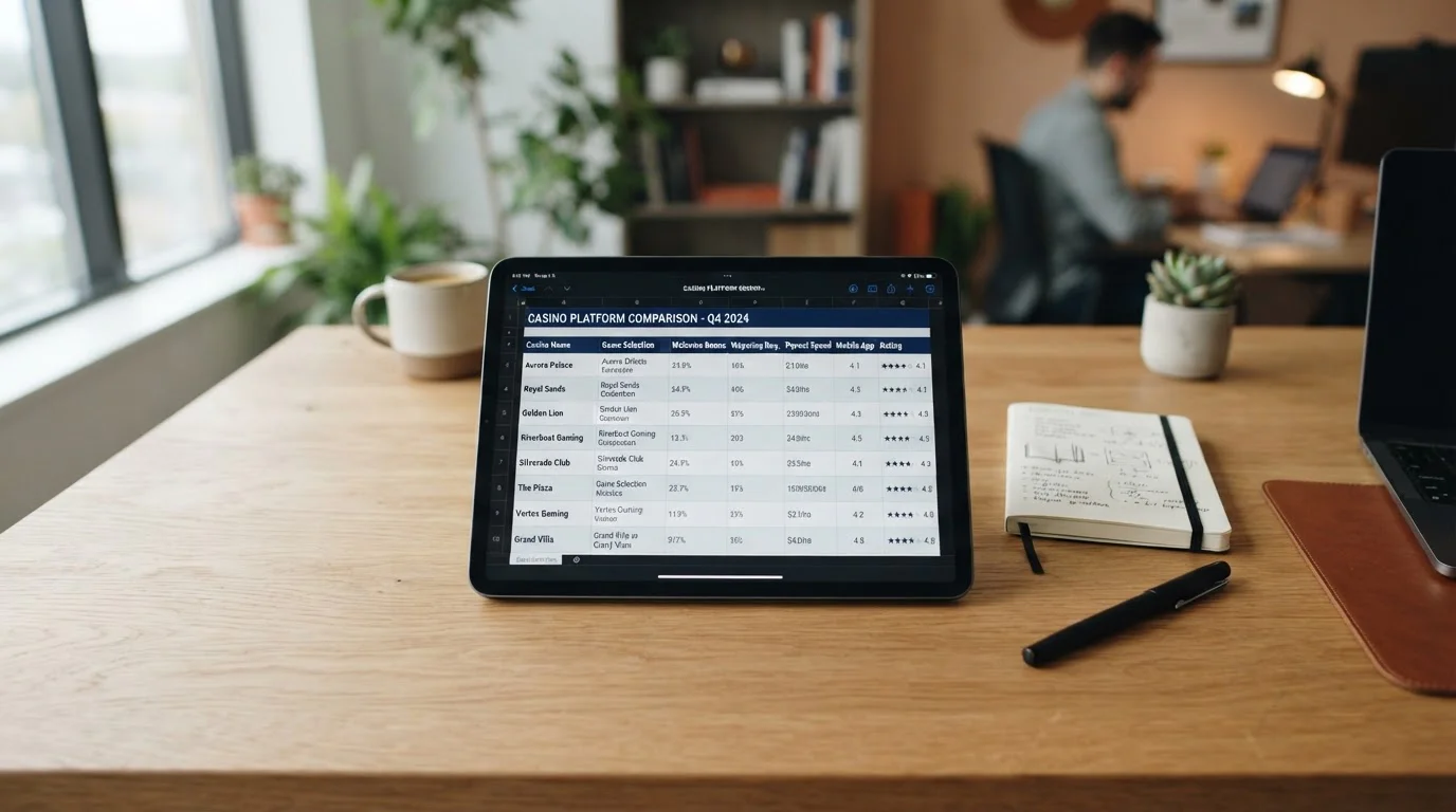 Ethereum-Casino-Vergleichstabelle auf Tablet-Bildschirm mit Offshore-Lizenzen