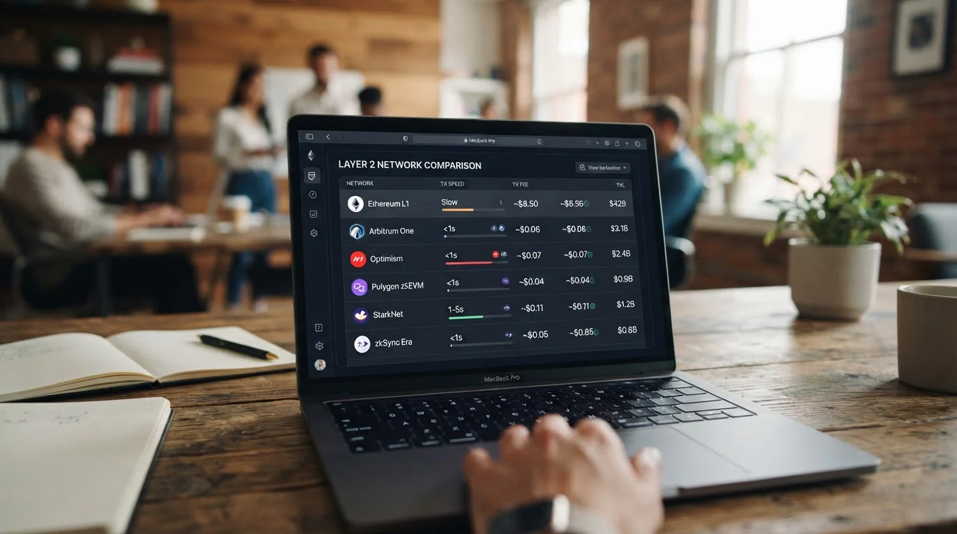 Ethereum-Netzwerke-Vergleich auf Laptop-Bildschirm mit Layer-2-Lösungen