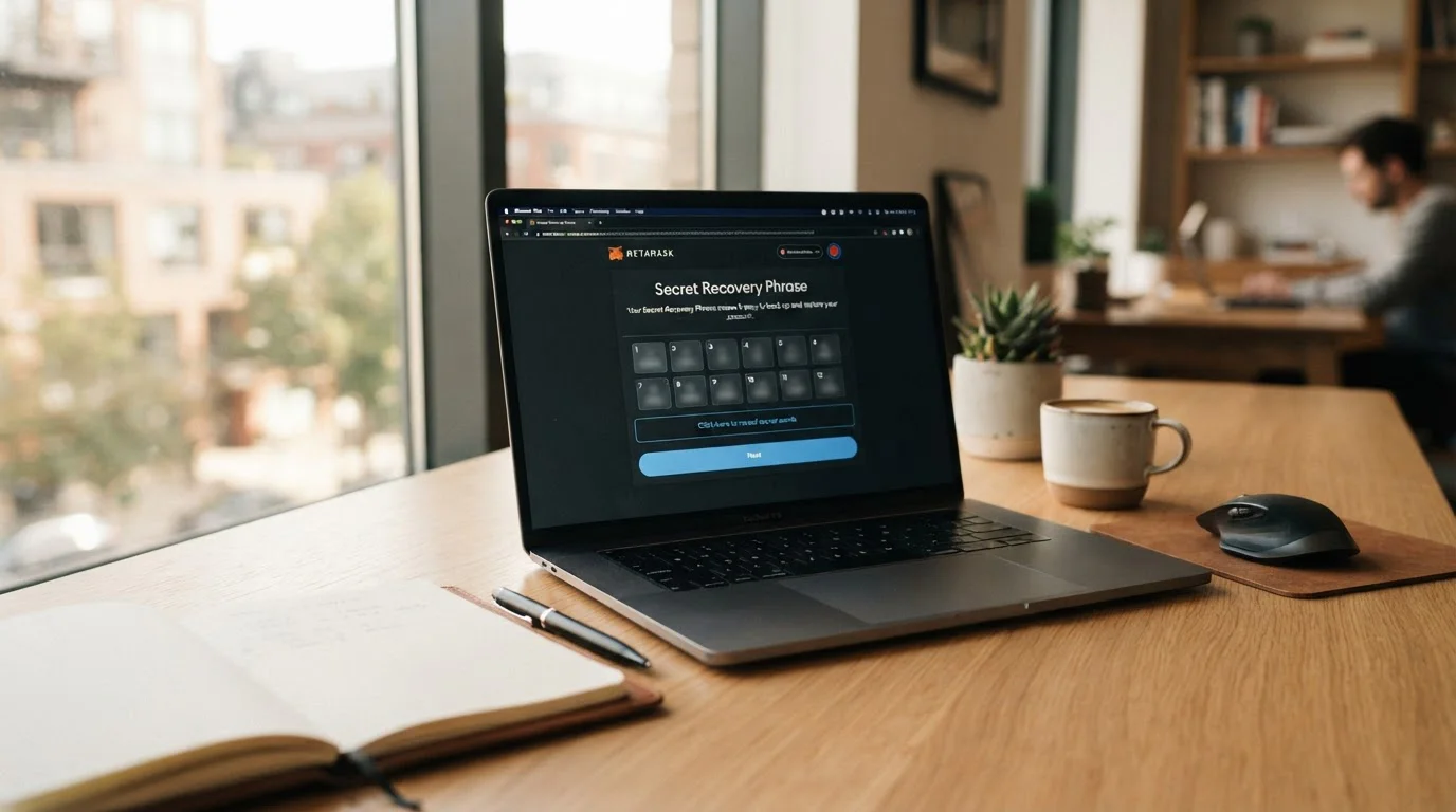 MetaMask-Wallet-Einrichtung auf Laptop-Bildschirm mit Backup-Notizen auf Schreibtisch