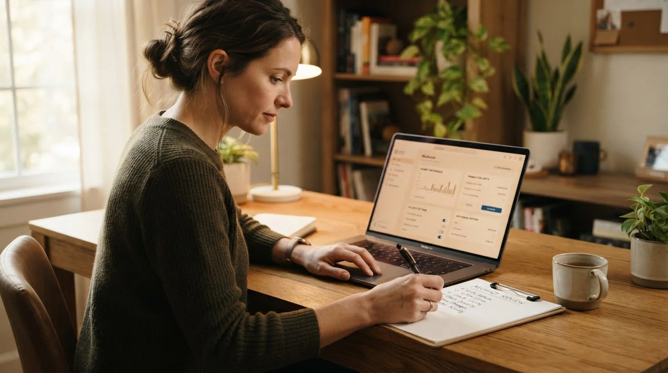 Laptop mit einer neutralen Zahlungs- und Auszahlungsansicht, daneben eine Person, die eine schlichte Checkliste durchgeht