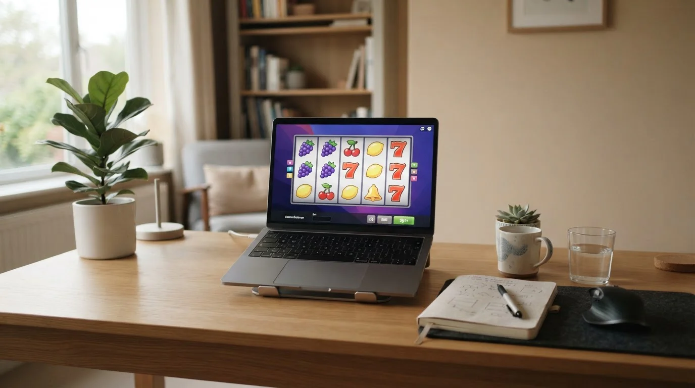 Aufgeräumter Schreibtisch mit einem Laptop, der eine neutrale Slot-Demo-Oberfläche zeigt, daneben Notizblock und Stift