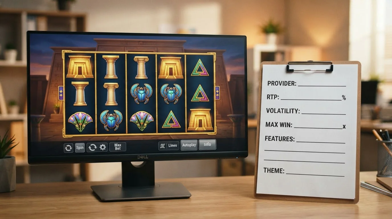 Neutraler Spielbildschirm mit fünf Walzen und Tempel-Symbolen neben einem Vergleichsblatt mit leeren Feldern für Provider und RTP