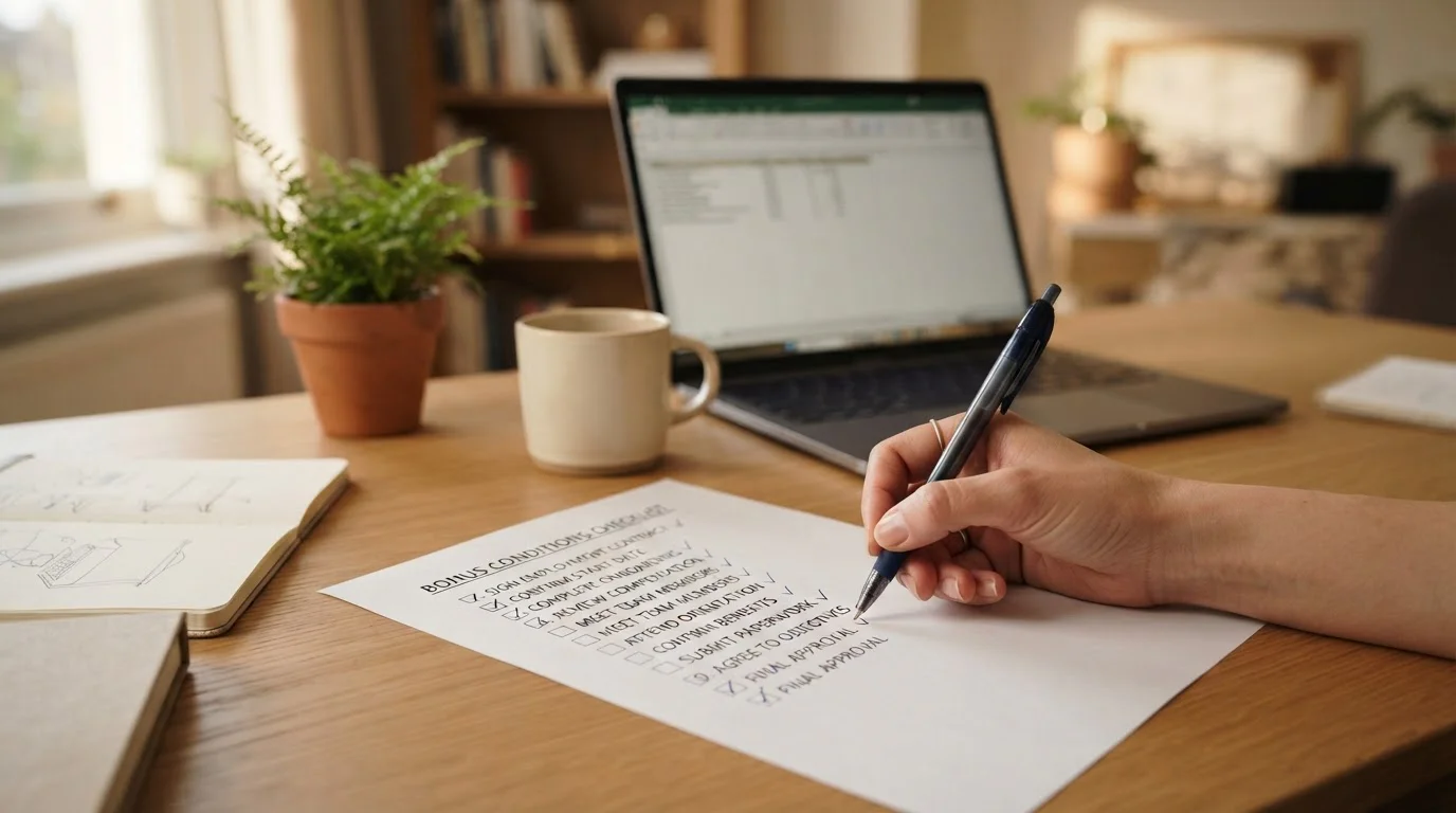 Hand mit Stift neben einer übersichtlichen Bonusbedingungs-Checkliste ohne Markenkennzeichen