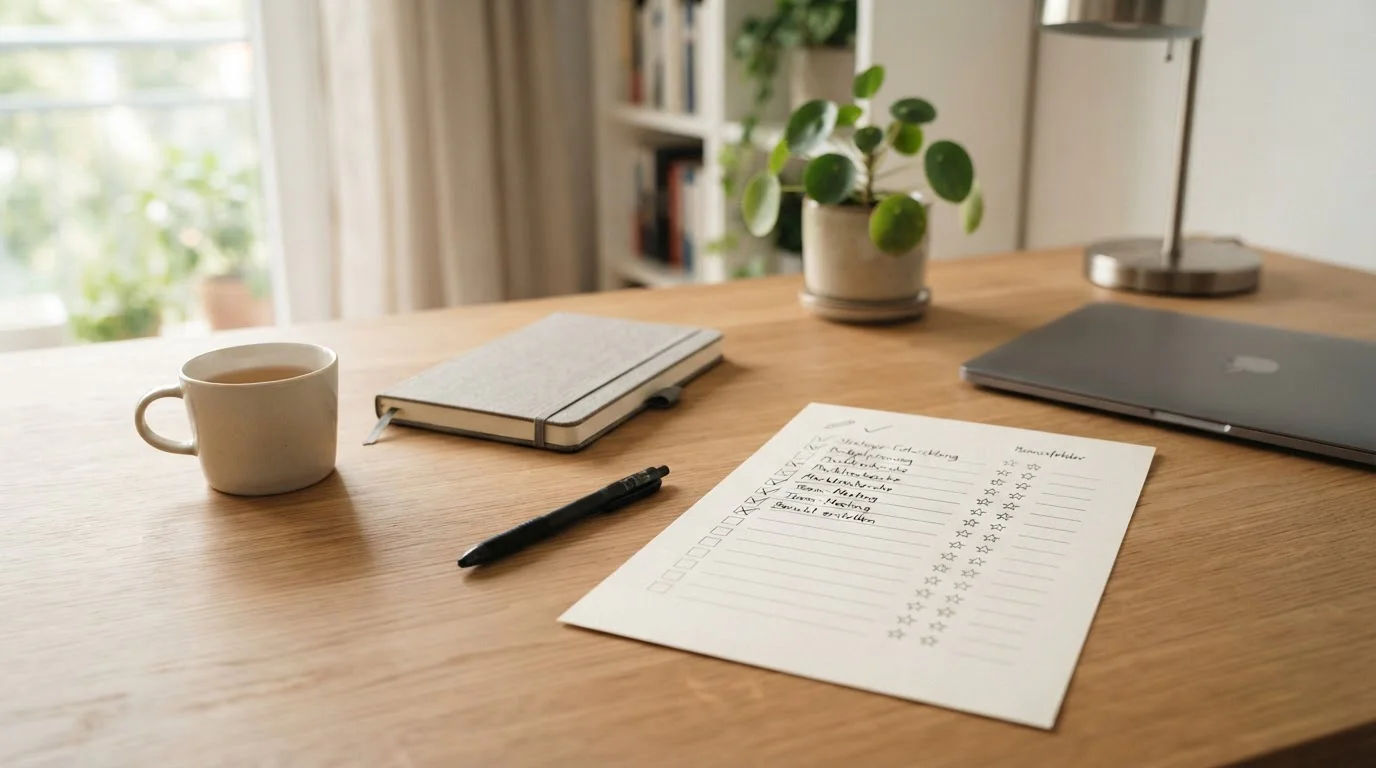 Checkliste mit neutralen Bonusfeldern und Häkchen auf einem aufgeräumten Schreibtisch