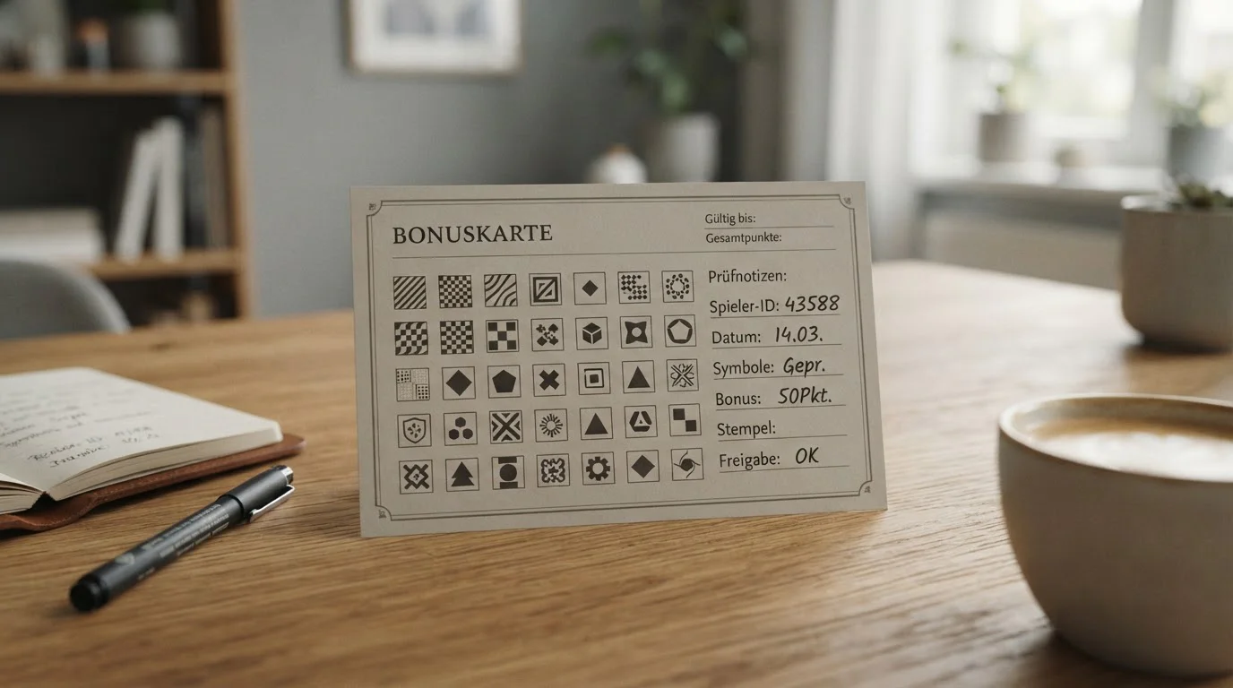 Neutrale Bonuskarte mit 50 Spielsymbolen und Prüfnotizen