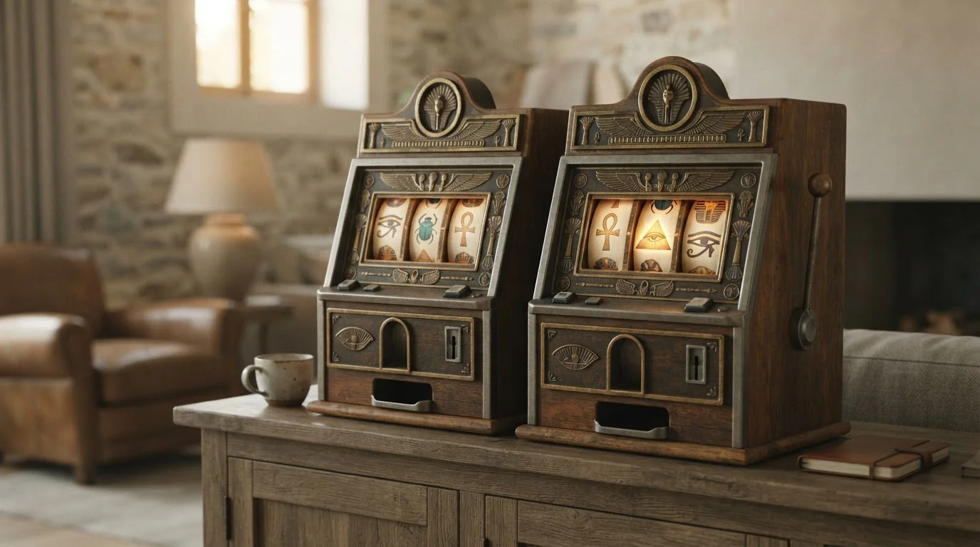 Zwei generische Spielautomaten-Walzen mit ägyptischen Symbolen und Scatter-Zeichen ohne Markenkennzeichnung in warmem Licht
