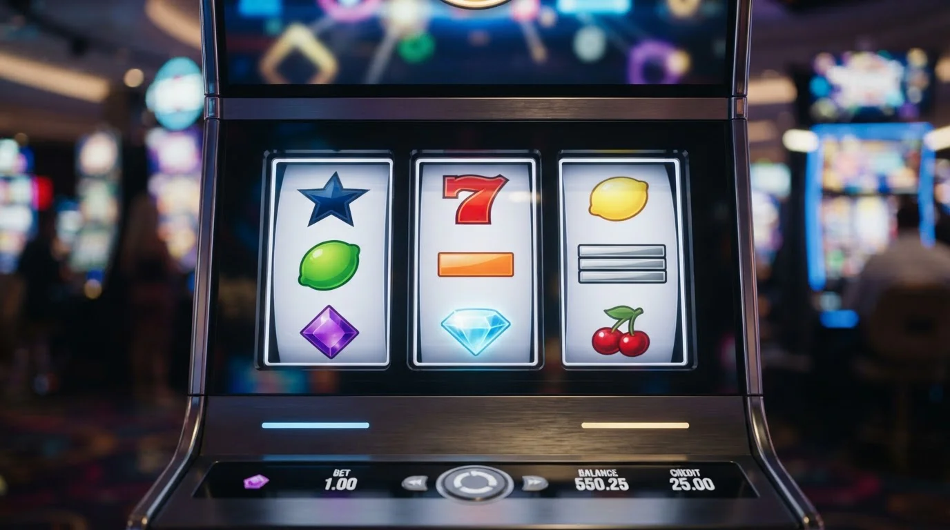 Verschiedene Spielautomaten-Walzen mit Freispiel-Symbolen ohne Markenlogos