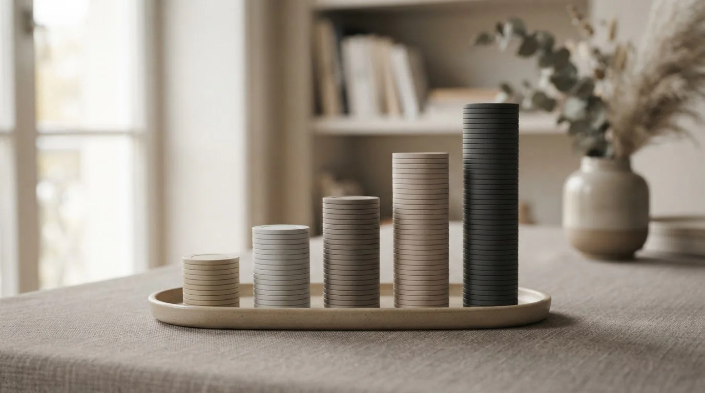 Fünf gestaffelte Chip-Türme in aufsteigender Höhe symbolisieren die Freispiel-Stufen von 10 bis 100 Spins