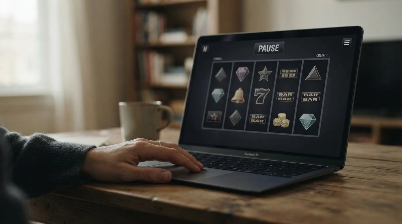 Nahaufnahme einer neutralen digitalen Slot-Oberfläche mit sichtbarem Pausensymbol auf einem Laptop