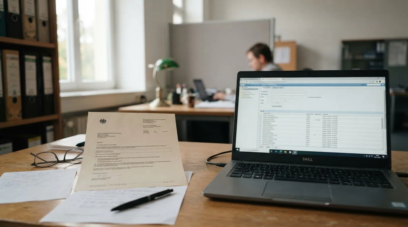 Neutraler deutscher Erlaubnisnachweis neben einem Laptop mit Zahlungsprüfung