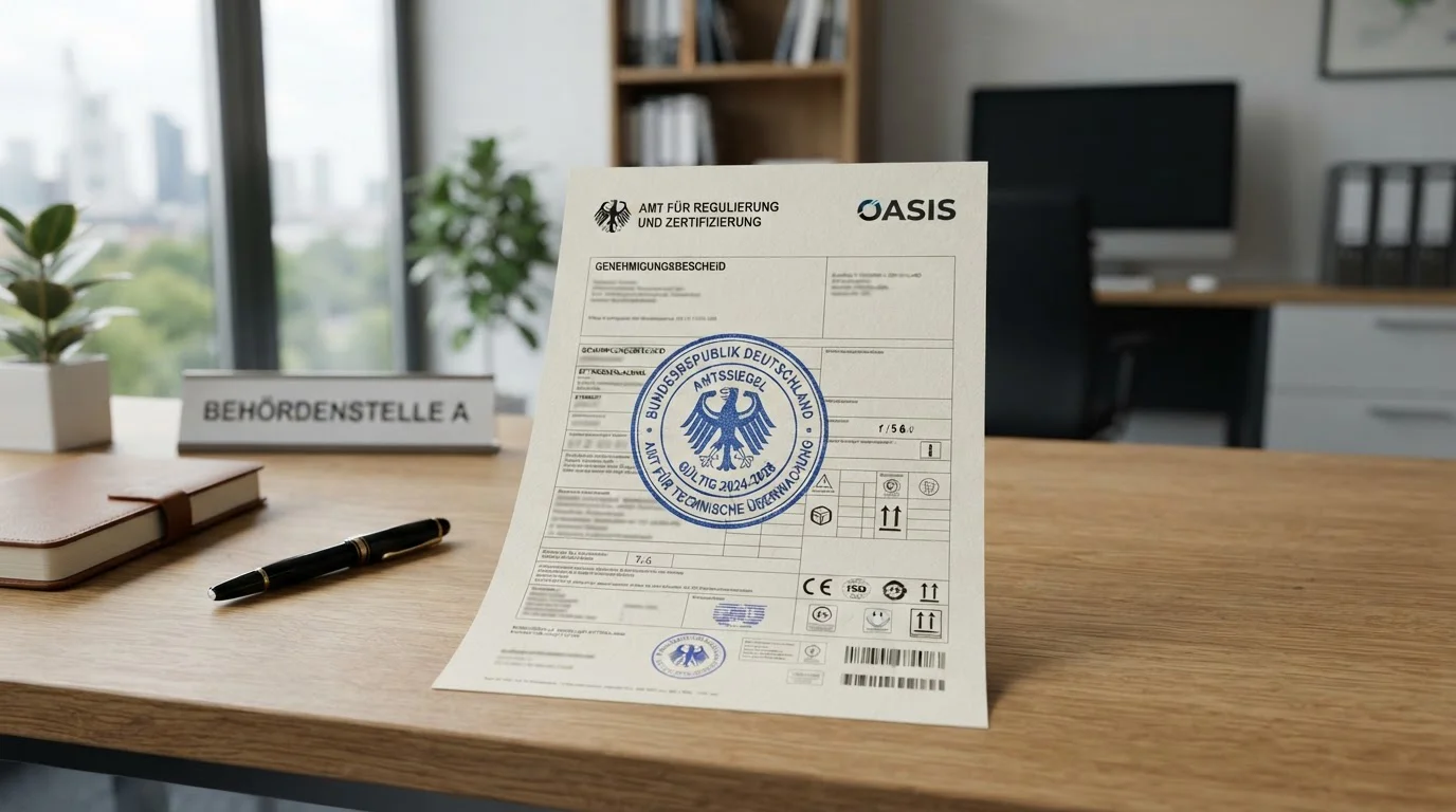 Dokument mit GGL-Lizenzstempel und OASIS-Logo auf Schreibtisch