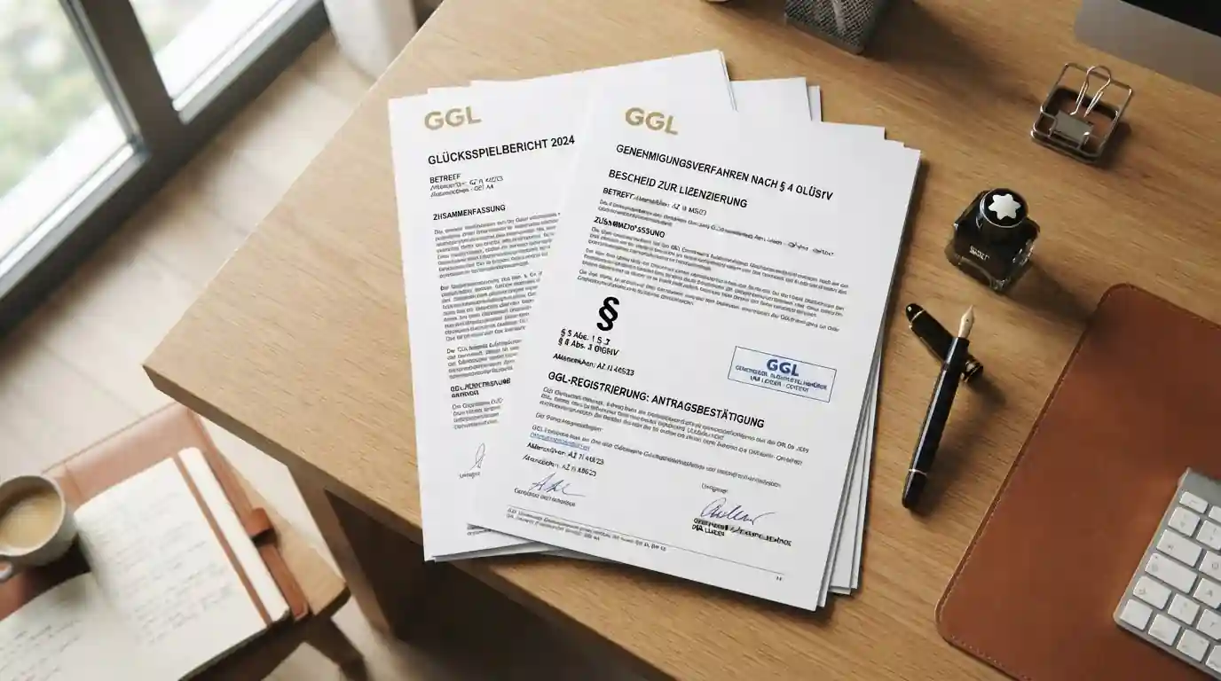 Deutsche Regulierungsbehörde GGL-Lizenz-Dokument auf Schreibtisch mit Paragraphenzeichen