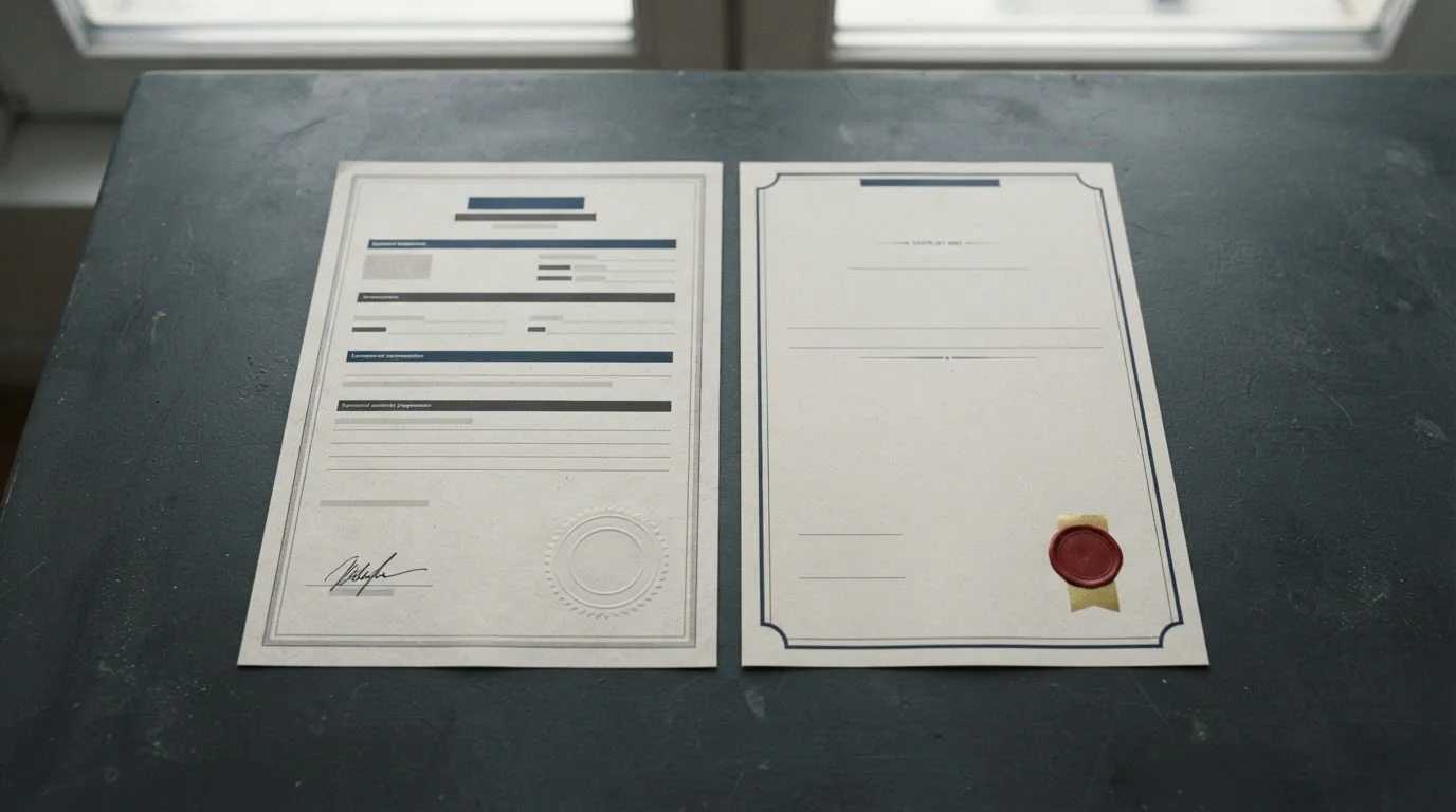 Amtliches Erlaubnisdokument mit Stempel neben einem neutralen Lizenzhinweis eines Offshore-Anbieters