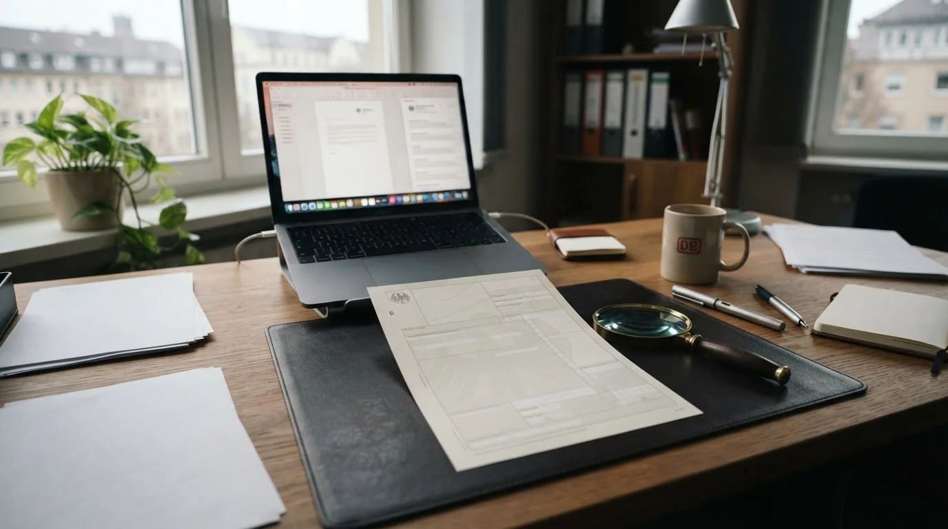Neutrales Lizenzdokument auf Schreibtisch neben Laptop ohne Logos