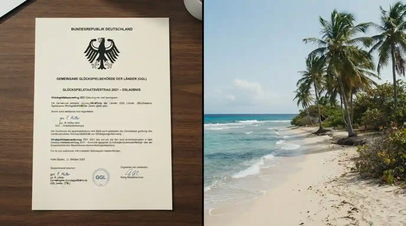 Geteilte Ansicht mit deutschem GGL-Dokument und Curaçao-Strand
