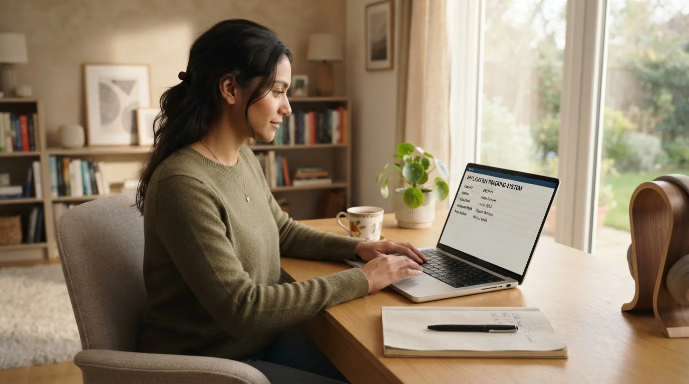 Person am Laptop recherchiert eine amtliche Liste auf einer behördlichen Webseite