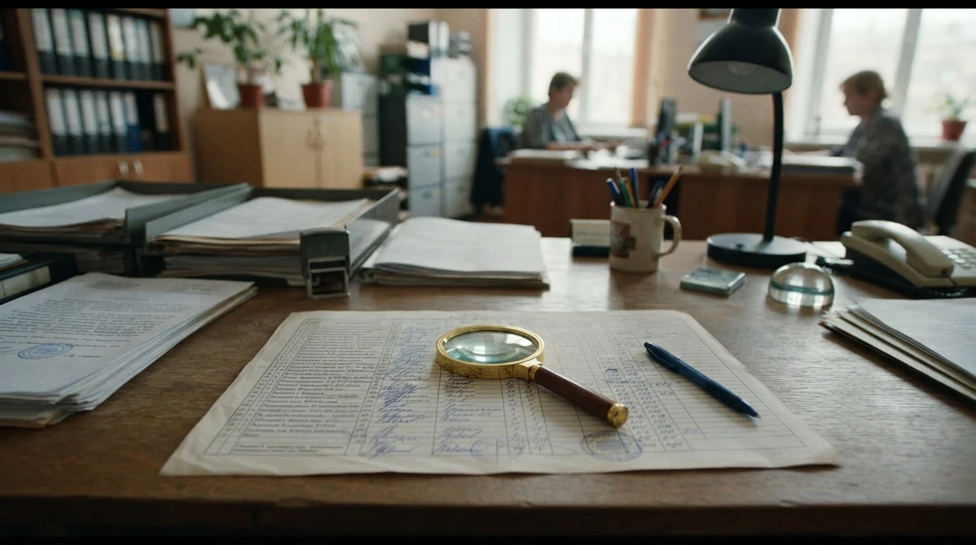 Ausdruck einer amtlichen Anbieterübersicht mit Lupe und Stift auf einem Schreibtisch