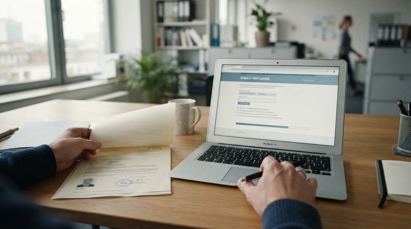 Neutrales Genehmigungsdokument neben einem Laptop mit geprüfter Domain