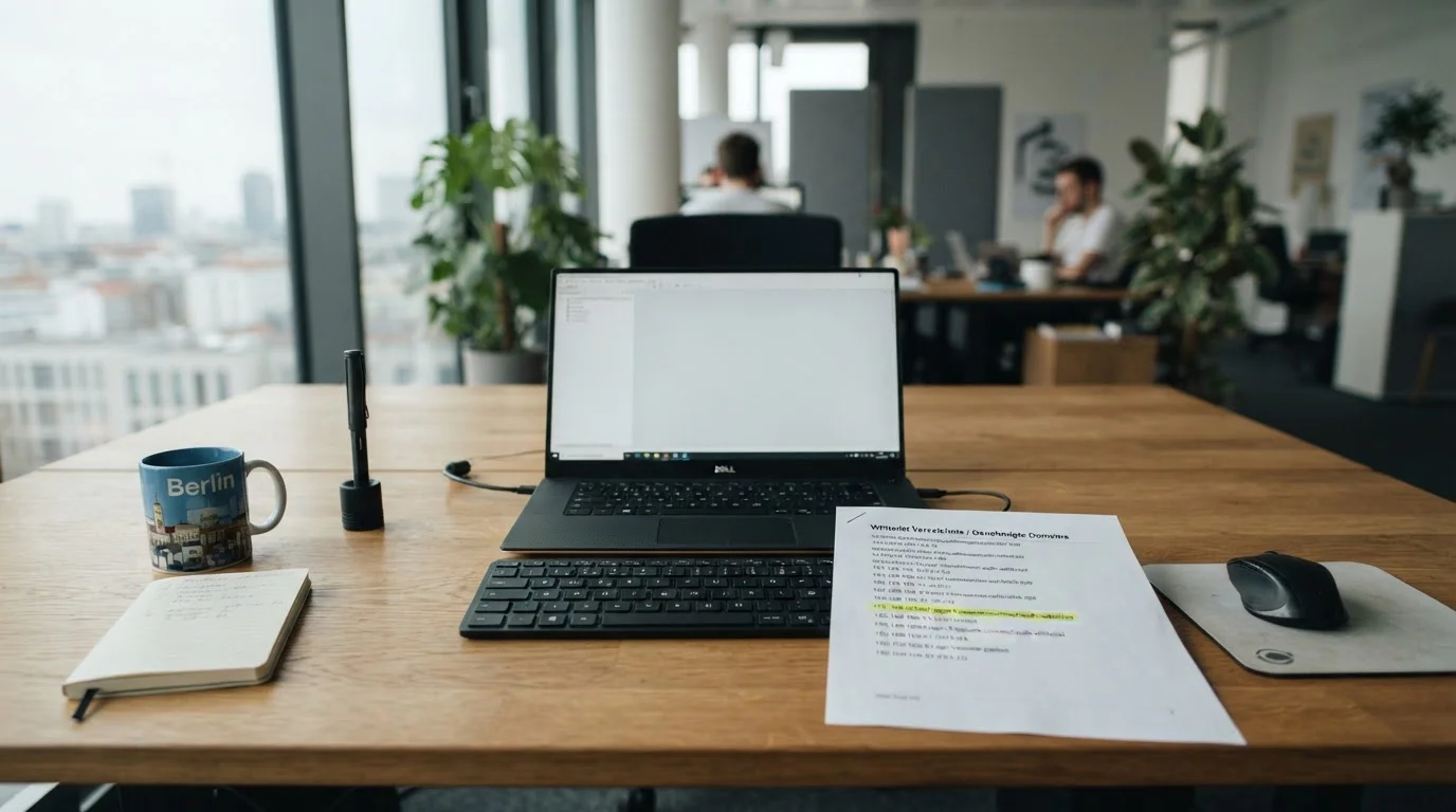 Neutrale Behördenliste neben Laptop mit markierter deutscher Domain