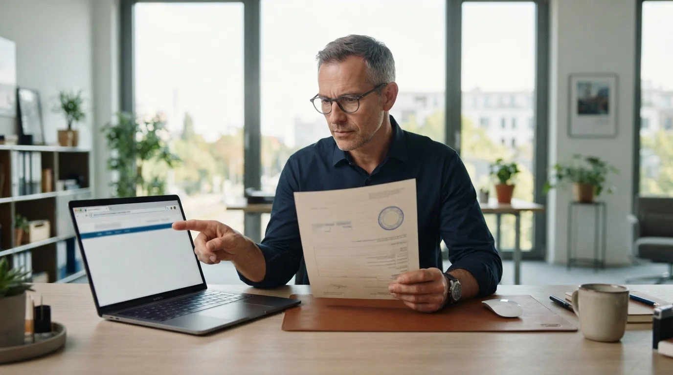 Neutrale Prüfszene mit Lizenzdokument und Domainabgleich am Laptop