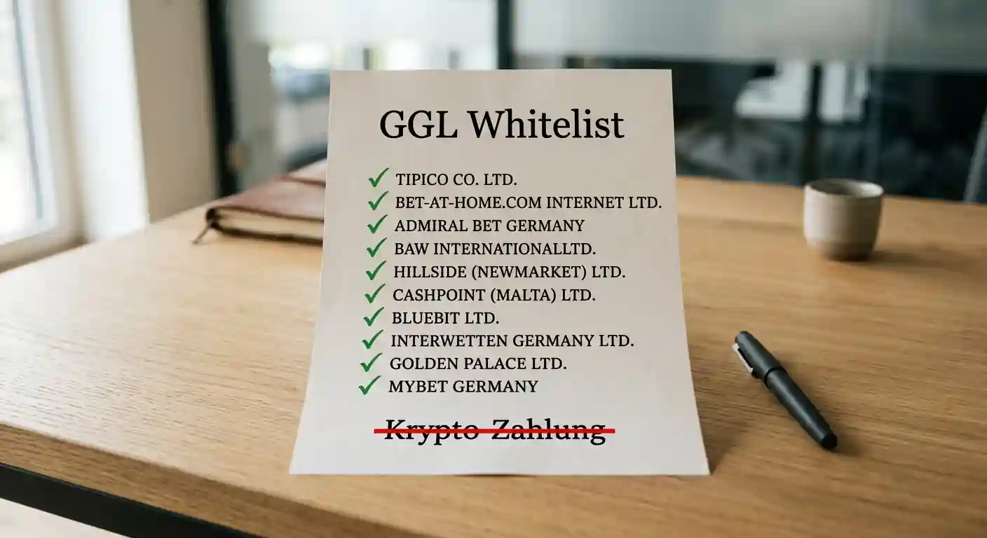 Konzeptbild: gedrucktes Dokument mit "GGL Whitelist" Überschrift, darunter eine Liste von Anbieternamen, alle mit grünen Häkchen versehen, unten eine durchgestrichene Zeile "Krypto-Zahlung" in Rot