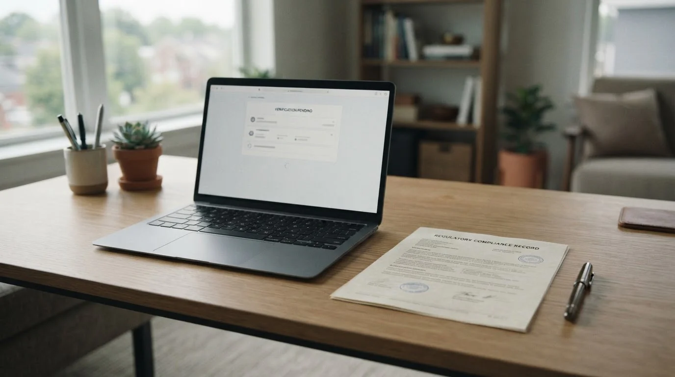 Prüfung eines neutralen Lizenzdokuments neben einem Laptop