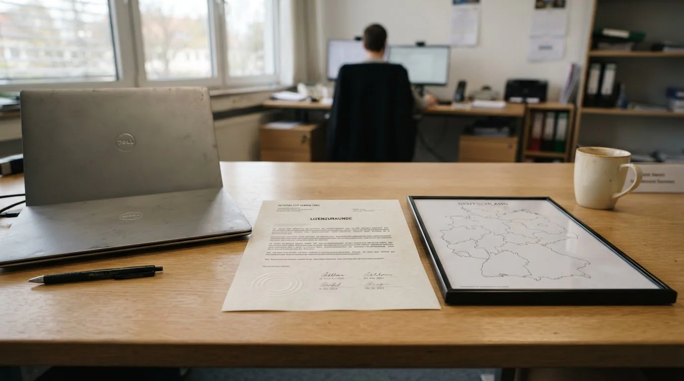 Neutrales Lizenzdokument neben einem Laptop mit deutscher Länderkarte