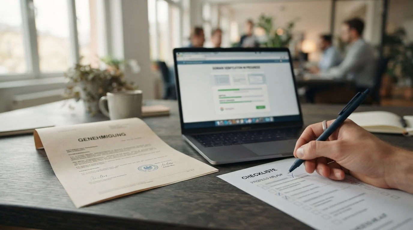 Neutrales Erlaubnisdokument neben Laptop mit geprüfter Casino-Domain
