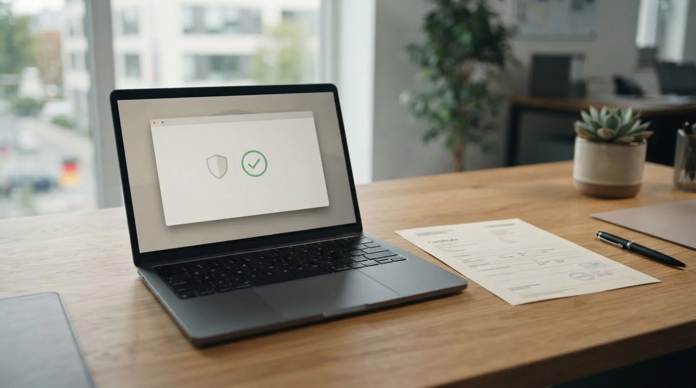 Neutrales Prüfungsdokument neben Laptop mit schematischer Sicherheitsmarkierung