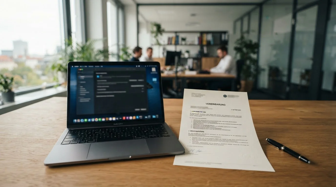 Neutrales Lizenzdokument zur GGL-Whitelist neben Laptop im deutschen Büro