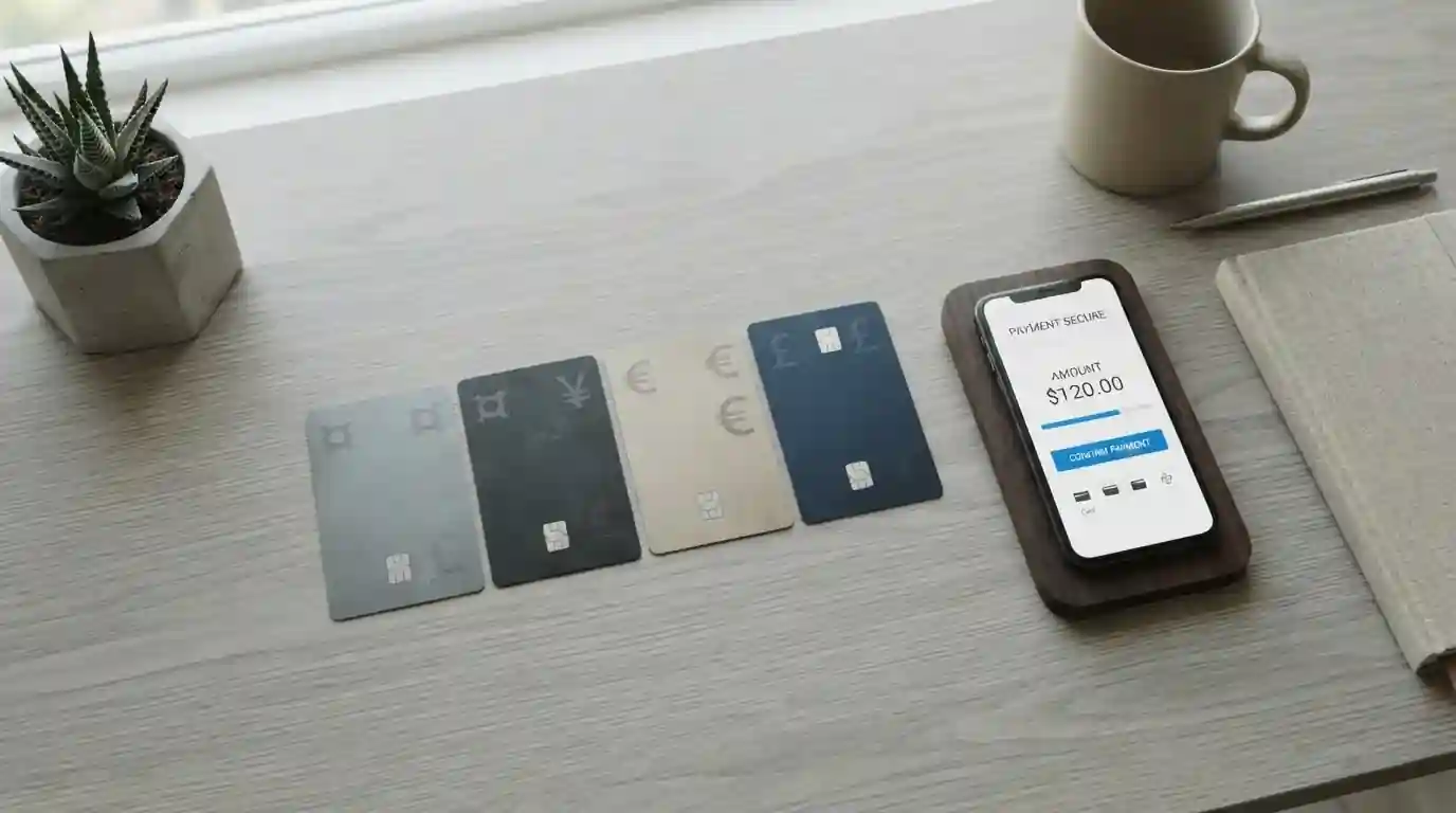 Vier neutrale Zahlungswege als übersichtliche Dokumente und Smartphone ohne Markenkennzeichen