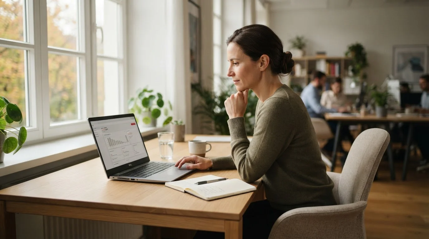 Person prüft den Status eines Zahlungsdienstes auf einem neutralen Laptopbildschirm