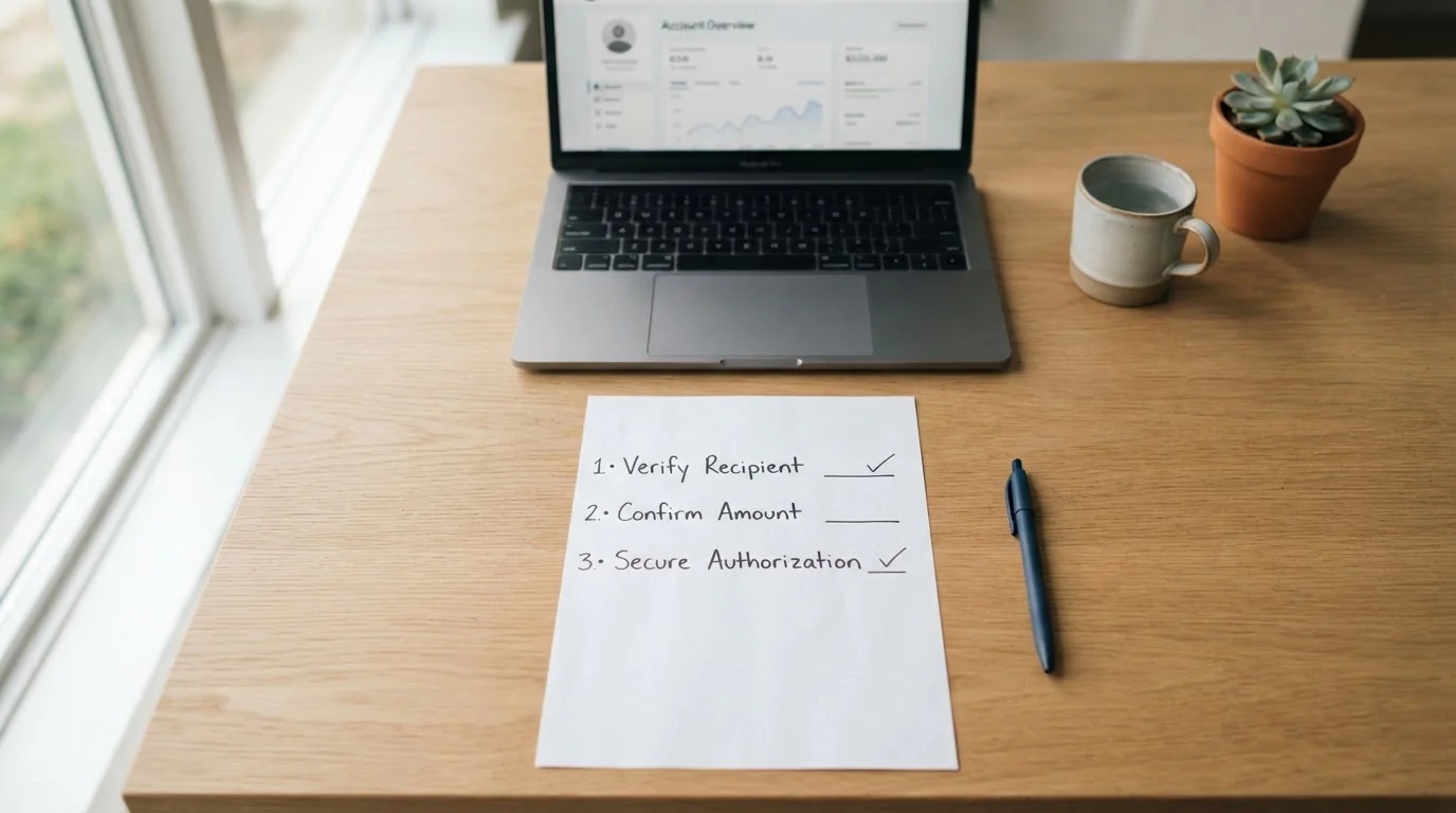 Checkliste mit drei Prüfphasen für Registrierung, Einzahlung und Auszahlung auf einem neutralen Schreibtisch
