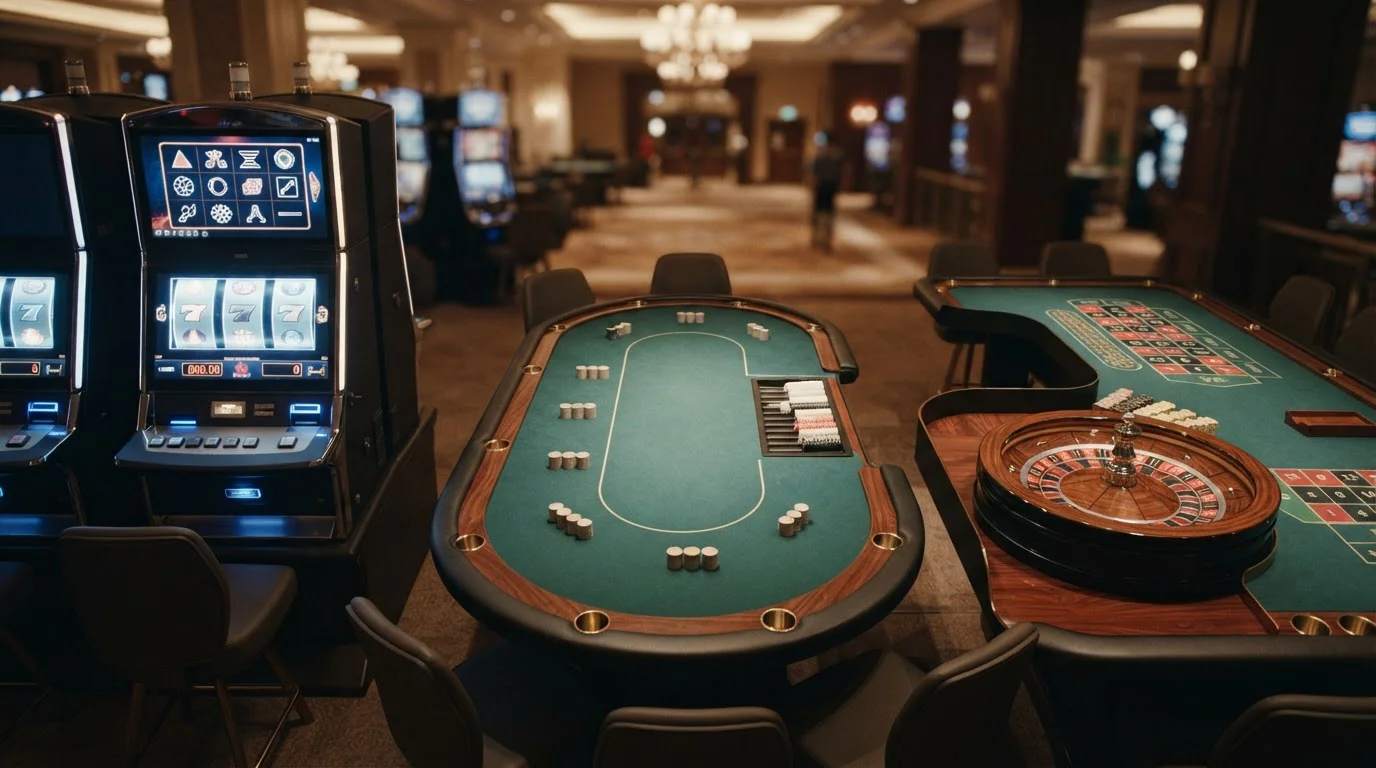 Drei neutrale Spielbereiche für Automatenspiele Poker und Roulette