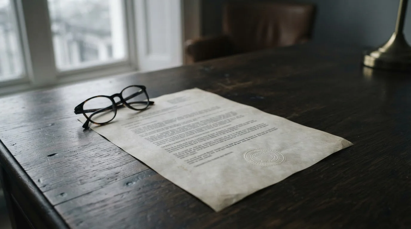 Amtliches Dokument mit Stempel und Lesebrille auf dunklem Holztisch