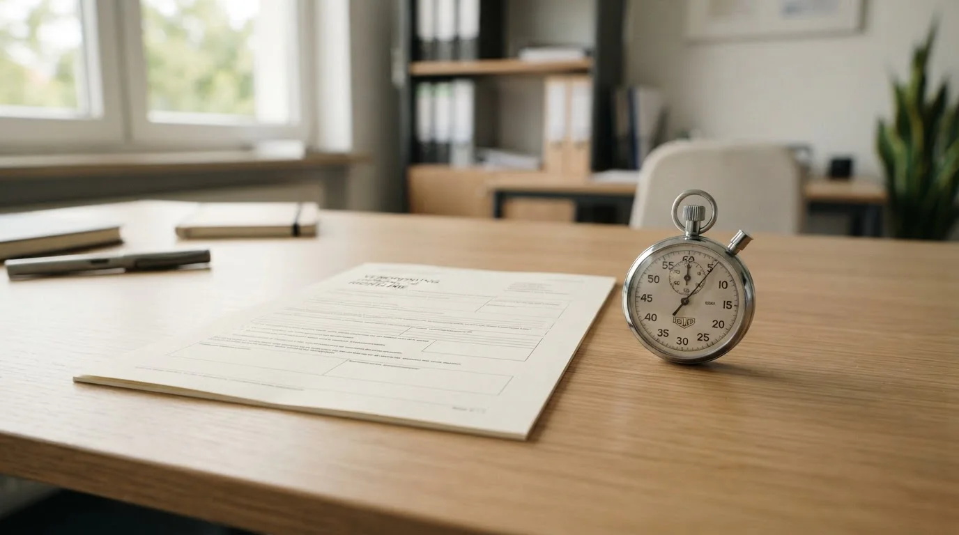 Regulatorisches Dokument und analoge Stoppuhr auf einem aufgeräumten Schreibtisch