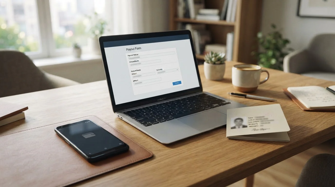 Neutrale Auszahlungssymbole auf einem Laptop neben einem unterschriebenen Identitätsdokument