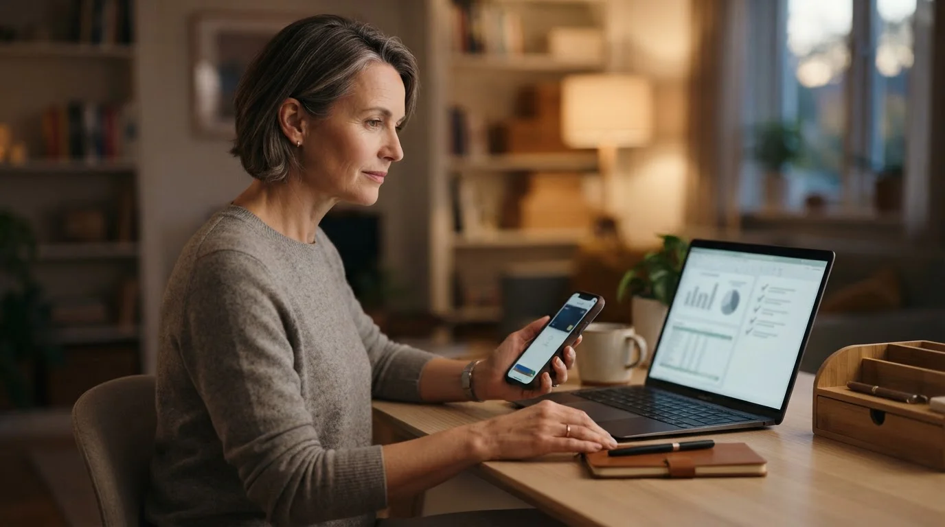 Aufgeräumter Arbeitsplatz mit Smartphone-Wallet und neutraler Entscheidungsliste
