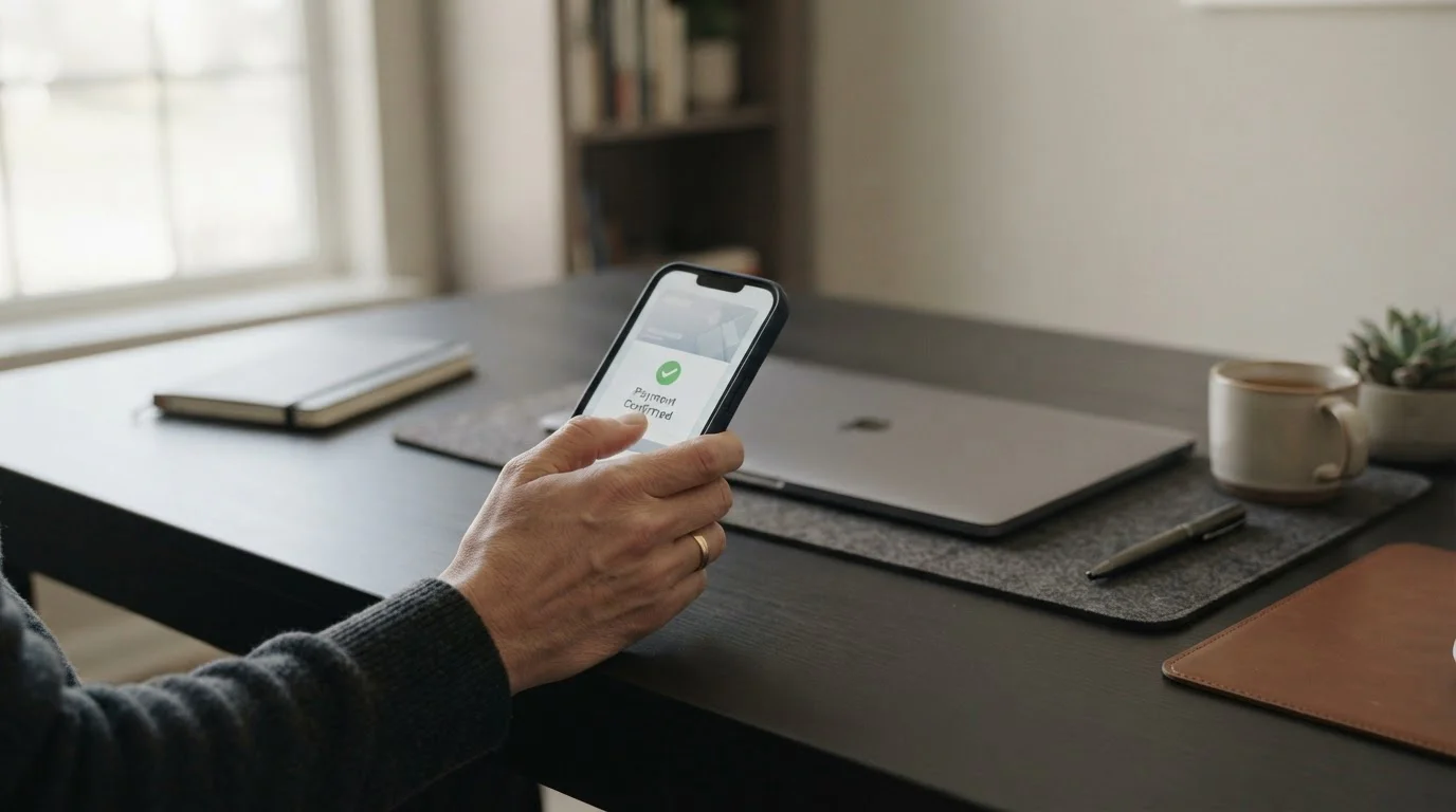 Person bestätigt eine mobile Wallet-Zahlung auf einem Smartphone an einem aufgeräumten Arbeitsplatz