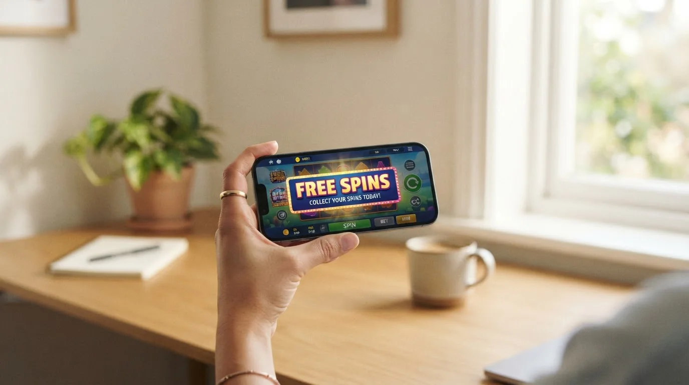 Smartphone mit geöffnetem Casino-Angebot und Freispiel-Benachrichtigung auf dem Bildschirm