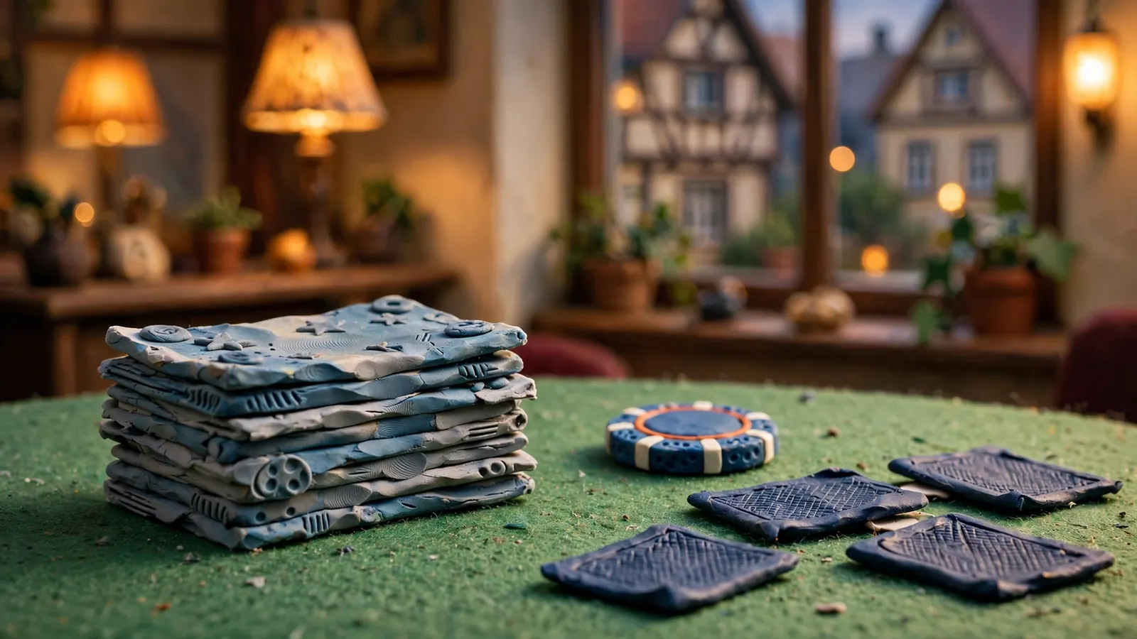 Euro-Banknoten und Casino-Chip auf grünem Filztisch mit Spielkarten.
