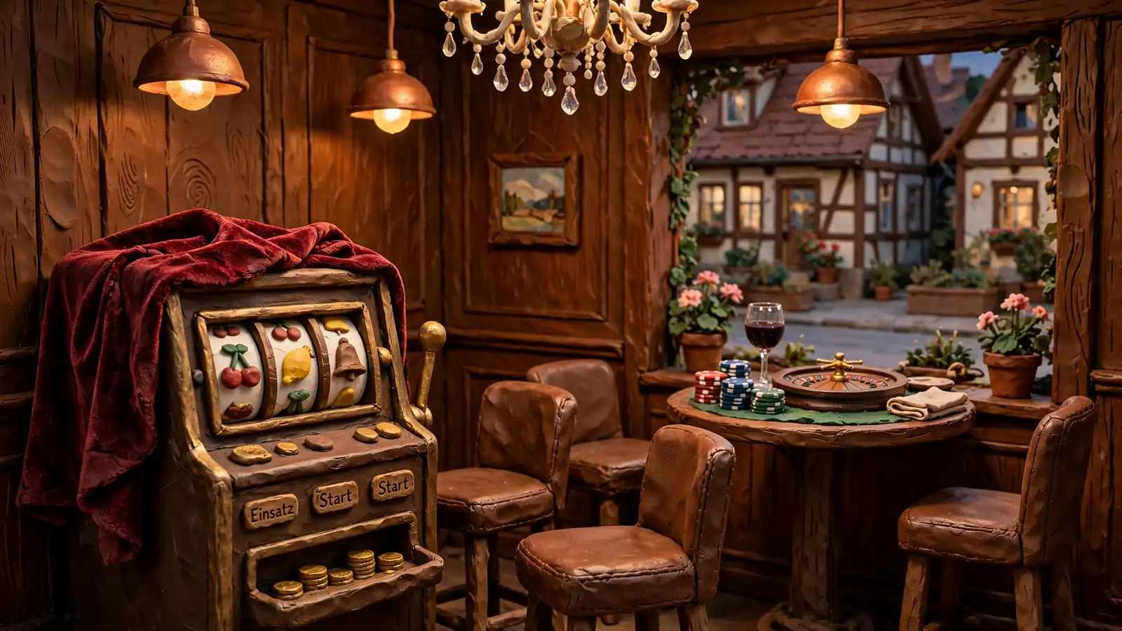 Stimmungsvolles Casino-Interieur mit Spielautomaten, Roulette-Tisch und Spielchips in warmem Licht.